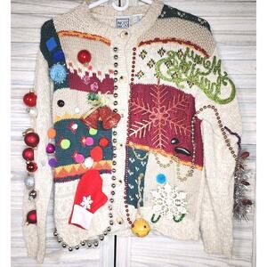 Ugly 3D Christmas Sweater with Dozens of Real Christmas Ornaments on Front NWOT